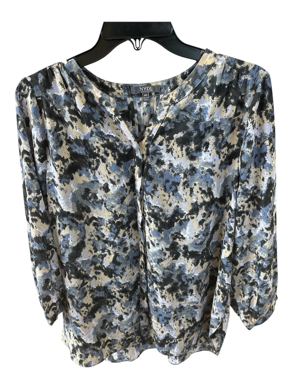 NYDJ Blue, Black & Cream Abstract Print Long Sleeve Blouse